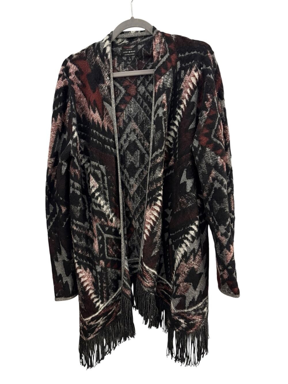 Lucky Brand Southwestern Aztec Fringe Hem Knit Sweater L Boho Cotton Blend Cozy